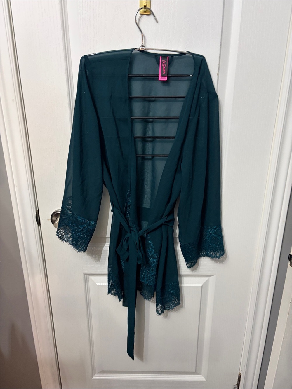 La SENZA Teal Sheer Lace-Trimrobe with Tie Waist
